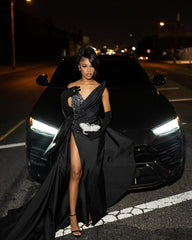 Black Sequin Strapless Prom Dress Long Slit Pleated
