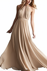 Pink Chiffon Prom Dress Halter Sleeveless Long Pleated