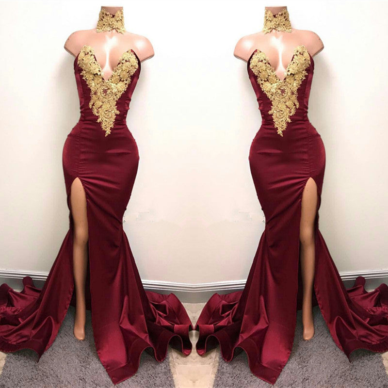 Classy Burgundy Mermaid Prom Dress Sweetheart With Gold Appliques