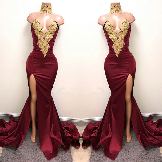 Classy Burgundy Mermaid Prom Dress Sweetheart With Gold Appliques