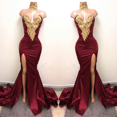 Classy Burgundy Mermaid Prom Dress Sweetheart With Gold Appliques