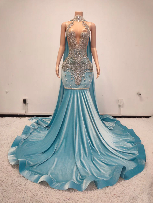 Modern Blue Velvet Mermaid Prom Dress Sleeveless High Neck Ruffle With Beadings