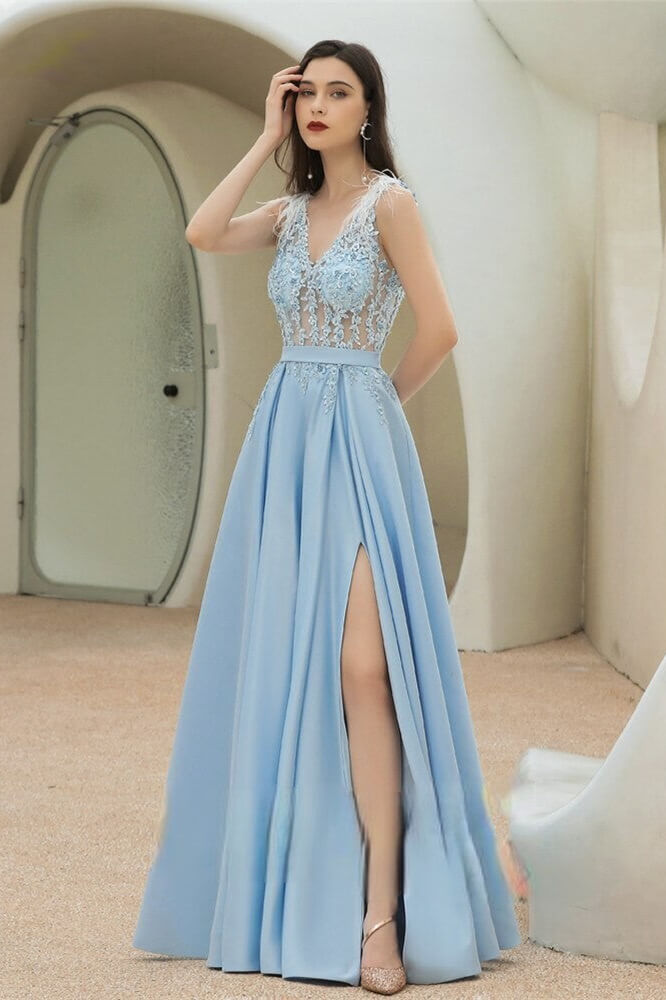 New Arrival Sky Blue Sleeveless V-Neck Prom Dress Long With Lace Appliques Split