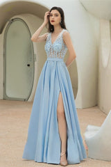 New Arrival Sky Blue Sleeveless V-Neck Prom Dress Long With Lace Appliques Split