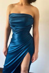 New Arrival Royal Blue Strapless Sleeveless Mermaid Prom Dress With Split