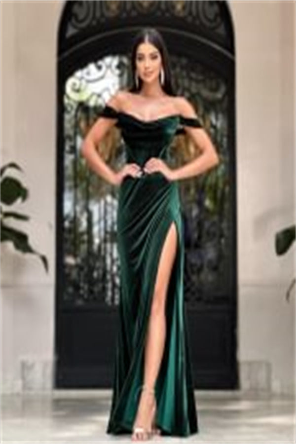 Classy Green Off-the-shoulder Split Party Long Prom Dress