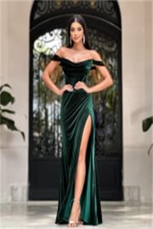 Classy Green Off-the-shoulder Split Party Long Prom Dress