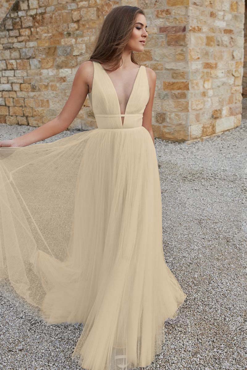 V-Neck Tulle Bridal Gown with Sleeves