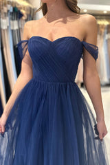 Modern Dark Navy Off-The-Shoulder Sweetheart A-Line Prom Dress Tulle