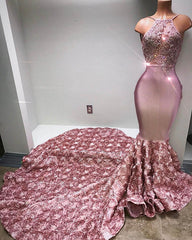Gorgeous Pink Halter Mermaid Prom Dress Flower Bottom Evening Gown With Appliques
