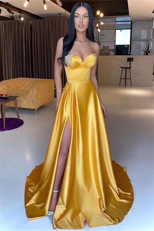 Yellow Sweetheart Mermaid Beading Prom Dress Split