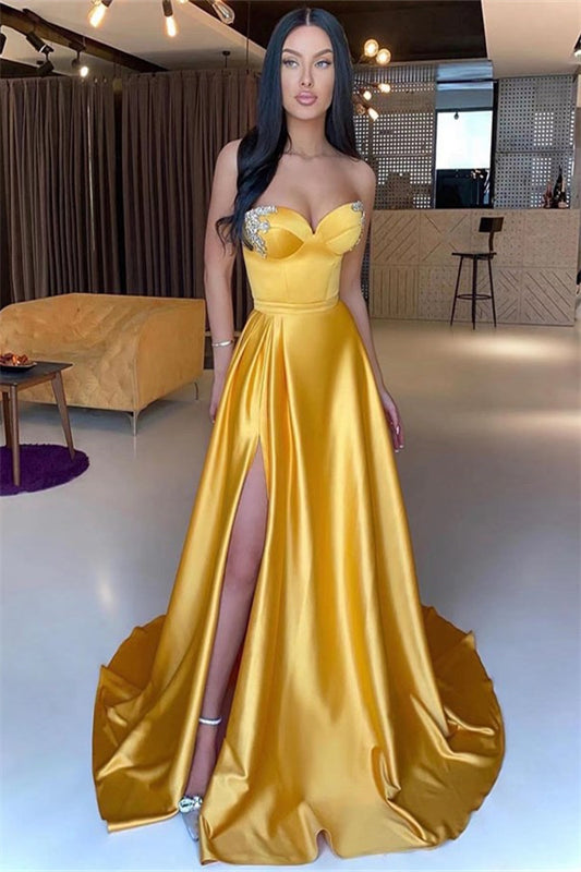 Yellow Sweetheart Mermaid Beading Prom Dress Split