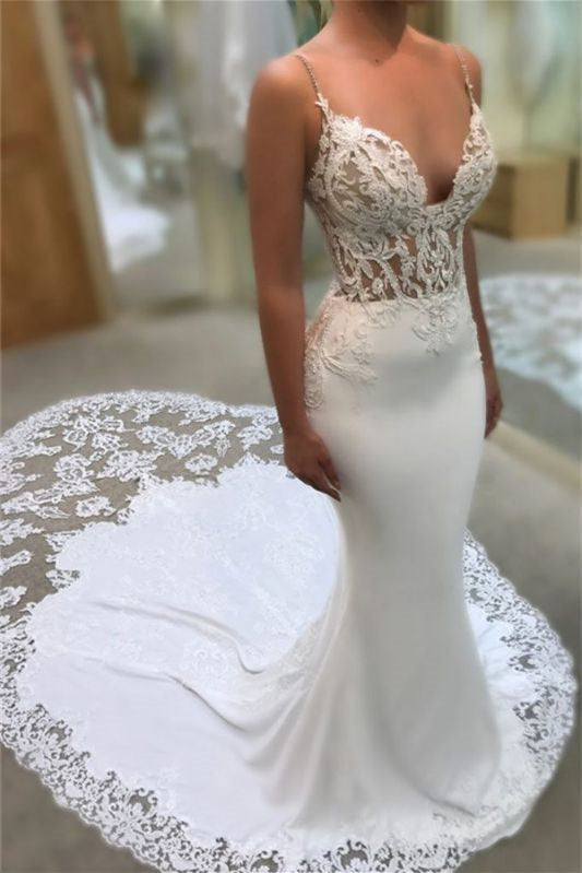 Mermaid Wedding Dress with V-Neck and Spaghetti-Straps Applique by Ballbellas