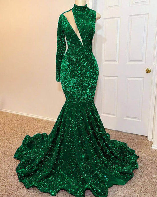 Fabulous Emerald Green Sequins Prom Dress Mermaid One Shoulder Long Sleeves