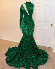 Fabulous Emerald Green Sequins Prom Dress Mermaid One Shoulder Long Sleeves