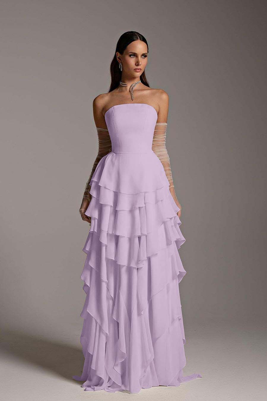 Charming Strapless Sleeveless Square Ruffles Long Prom Dress With Gloves