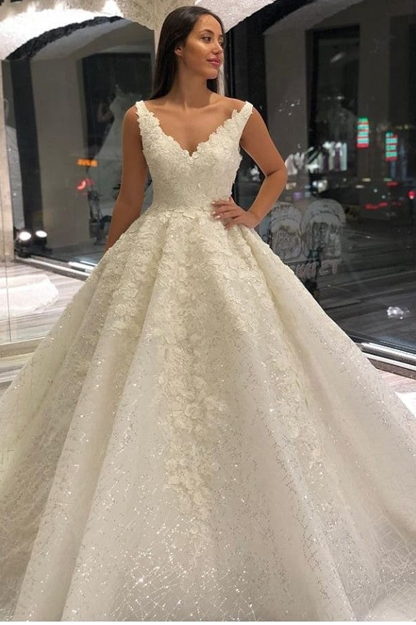 Floor-length A-Line Wedding Dress with Deep V-neck, Elegant Sequins and Appliques Lace