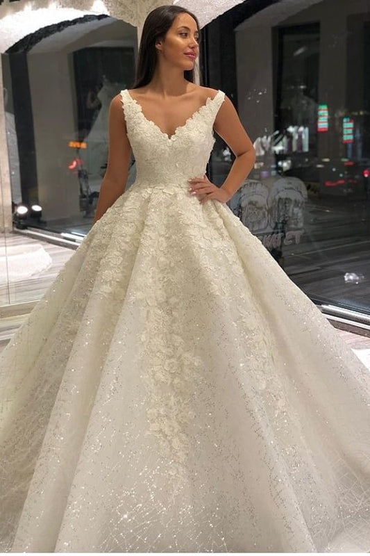 Floor-length A-Line Wedding Dress with Deep V-neck, Elegant Sequins and Appliques Lace