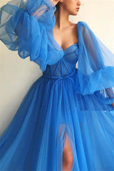 Elegant Long Sleeves Tulle Prom Dress Slit Evening Party Gowns