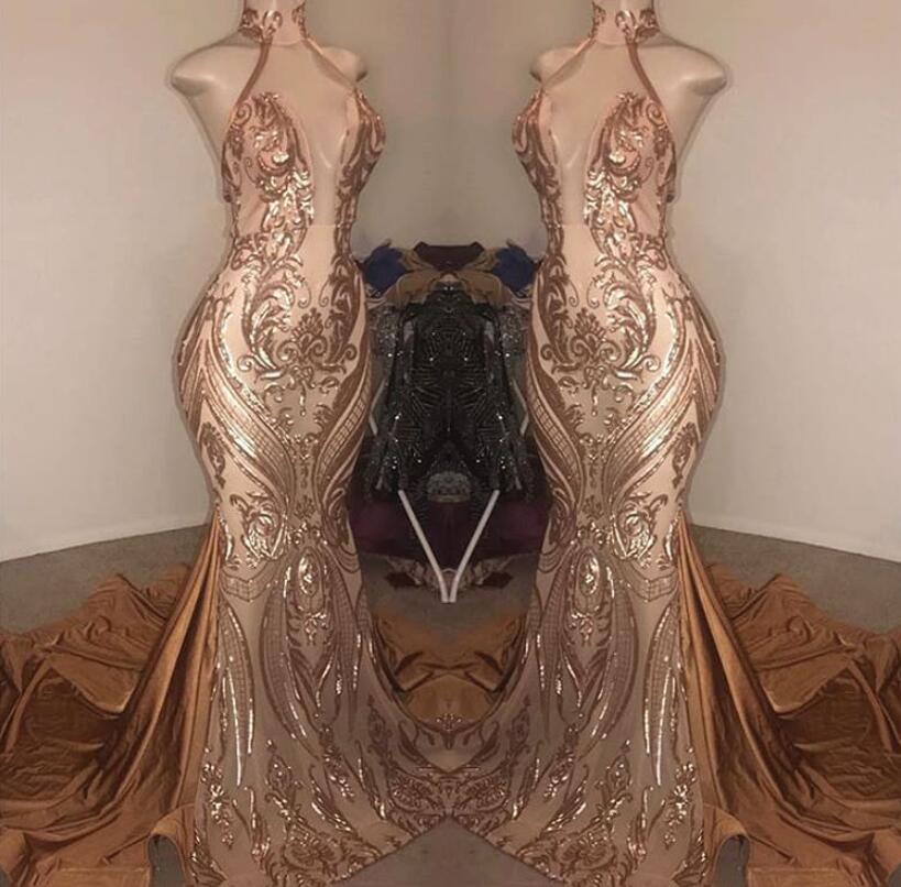 Gorgeous High Neck Sequins Mermaid Prom Dress Long Backless