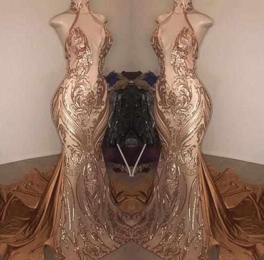 Elegant Halter V-Neck Sequins Mermaid Prom Dress