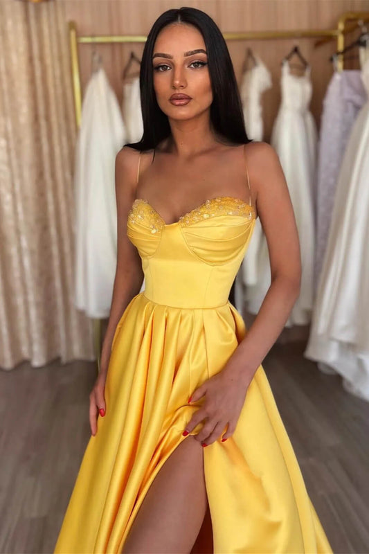Gorgeous Yellow Prom Dress Slit Long With Sequins Spaghetti-Straps