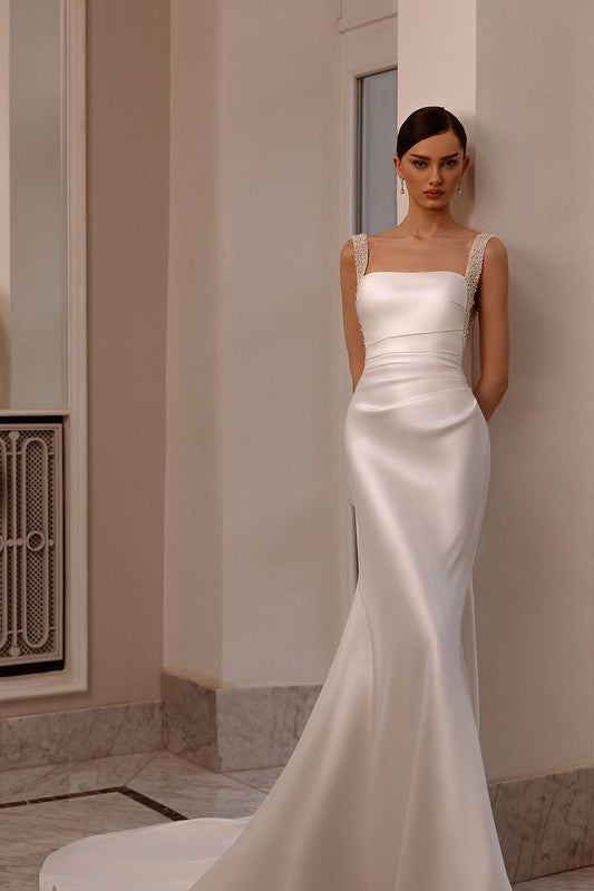 Elegant White Satin Long Wedding Dress with Beadings and Spaghetti Straps