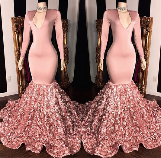 Fabulous Pink Long Sleeves V-Neck Prom Dress Mermaid With Flowers Bottom