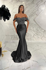 Elegant Off-the-Shoulder Mermaid Sequins Prom Dress with Beads Pleated