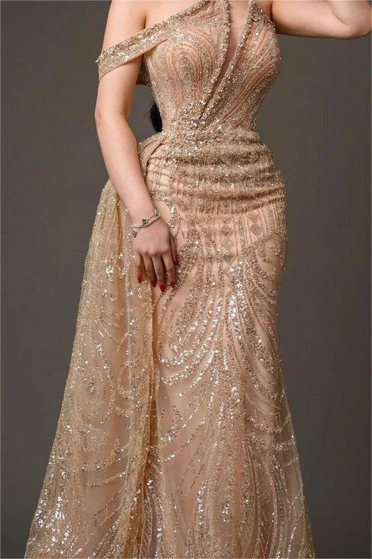 Champagne Gold One-Shoulder Sleeveless Beads Embroidery Prom Dress