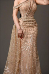 Champagne Gold One-Shoulder Sleeveless Beads Embroidery Prom Dress