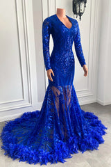 Classy Royal Blue Long Sleeves Prom Dress Mermaid Sequins With Feather