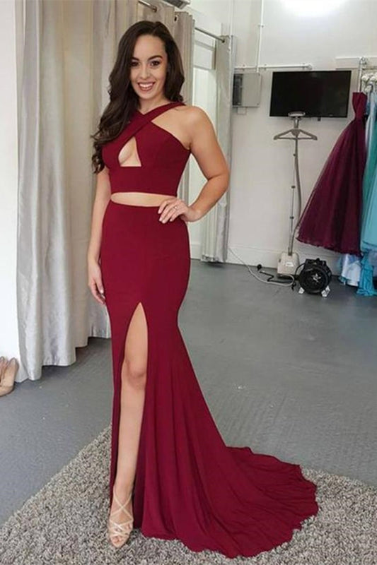 Modern Two Pieces Mermaid Halter Prom Dress With Split