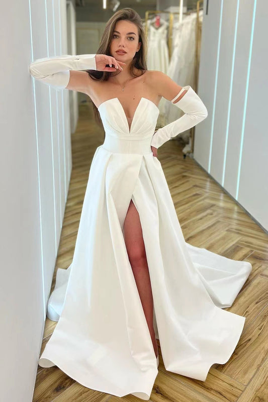 White Long Sleeves V-Neck A-Line Prom Dress with Split