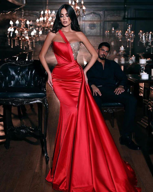 Charming Red One Shoulder Mermaid Prom Dress Ruffles Long With Beads