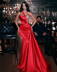 Charming Red One Shoulder Mermaid Prom Dress Ruffles Long With Beads