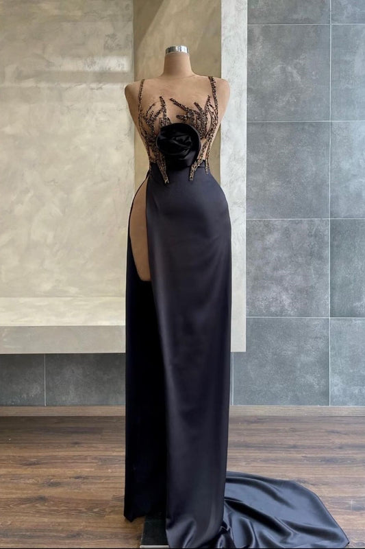 Black Spaghetti-Strap Beadings Sequins Mermaid Evening Dress with Slit