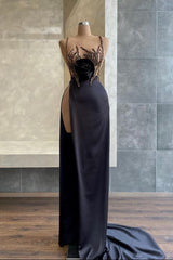 Black Spaghetti-Strap Beadings Sequins Mermaid Evening Dress with Slit