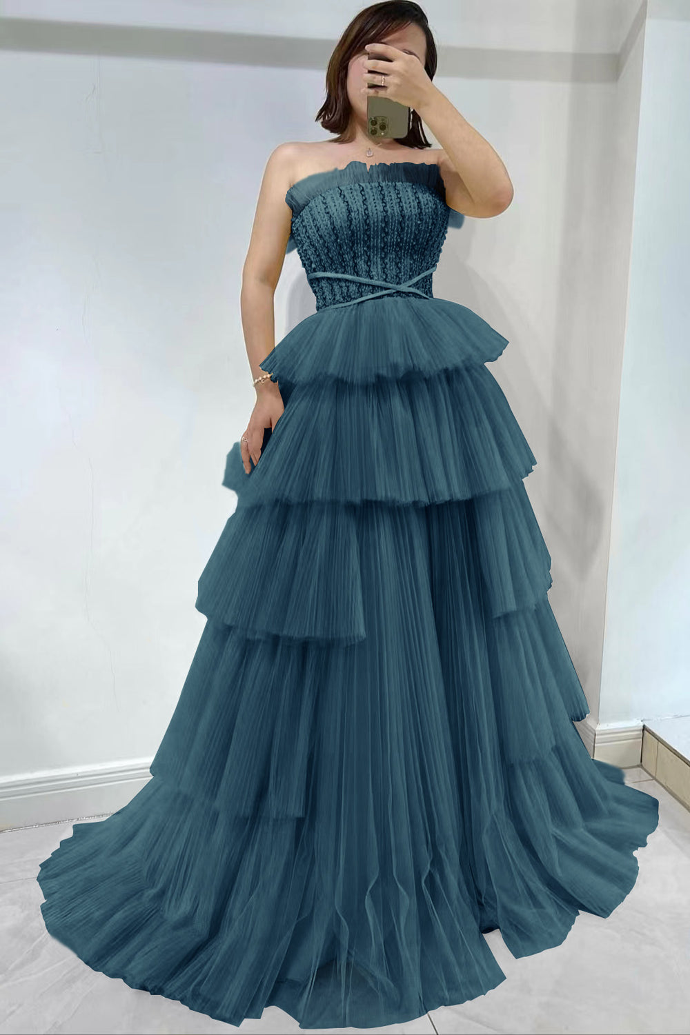 Daffodil Strapless Sleeveless Tulle Prom Dress with layered