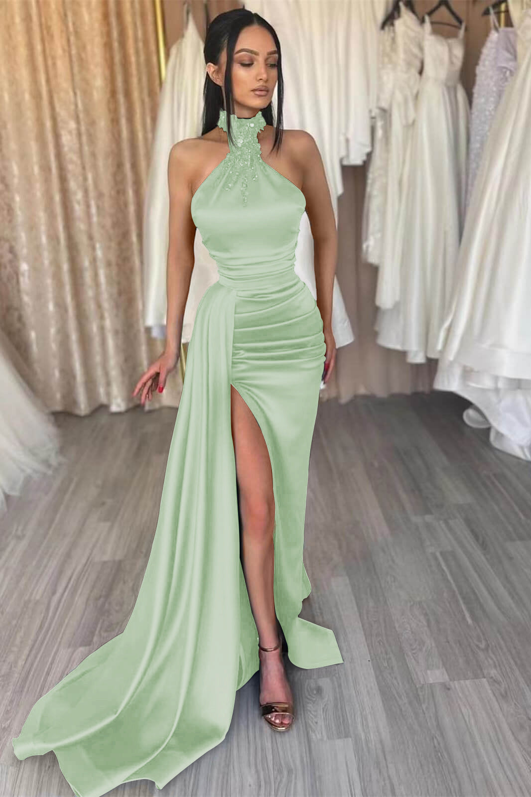 Dark Green High Neck Split Evening Dress Mermaid Beadings with Ruffles