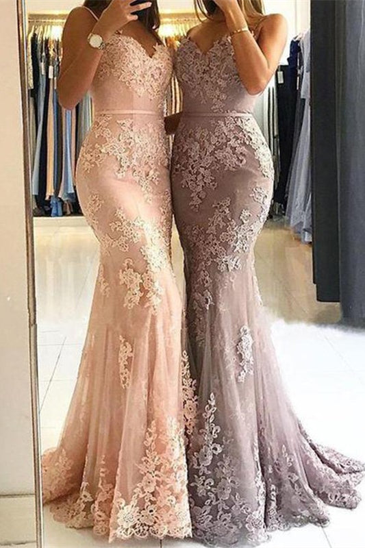 Stunning Spaghetti-Straps Lace Appliques Prom Dress Long Mermaid