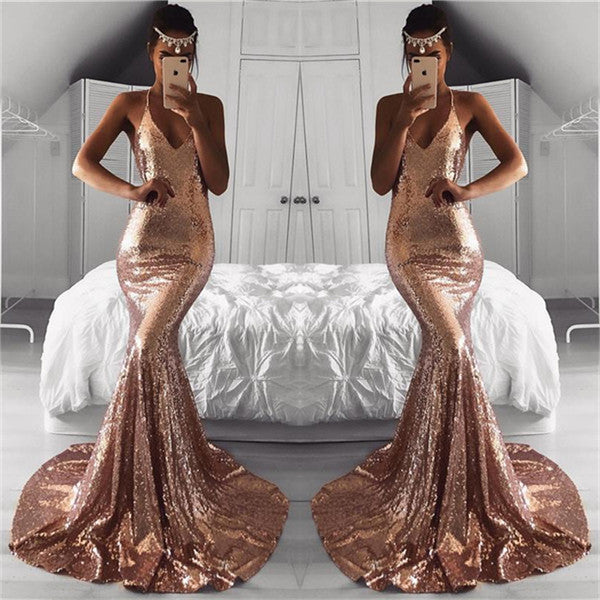 Glamorous Sequined Mermaid Long Prom Dresss V-Neck Sleeveless