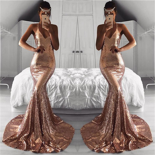 Glamorous Sequined Mermaid Long Prom Dresss V-Neck Sleeveless