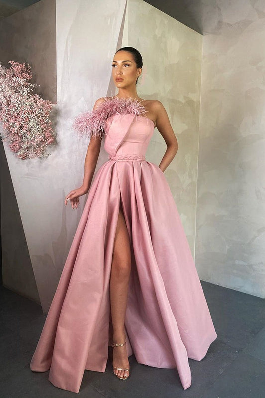 Modern Strapless Long Prom Dresses Front Slit Sleeveless With Feather