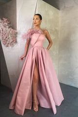 Modern Strapless Long Prom Dresses Front Slit Sleeveless With Feather