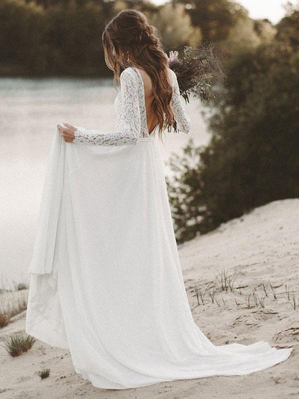 Boho Lace Wedding Dress with Long Sleeves
