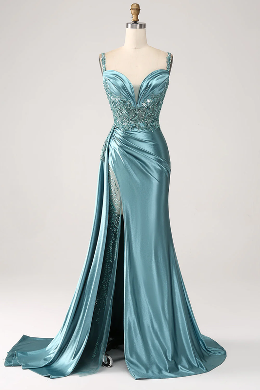 Blue Mermaid Long Spaghetti Strap Prom Dress with Slit