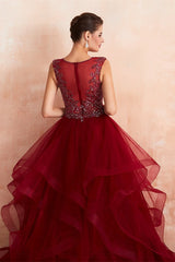 New Arrival Burgundy V-Neck Prom Dress Tulle Long With Beads Online