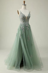 Dusty Pink Spaghetti Strap Tulle V Neck Prom Dress with Lace Appliques