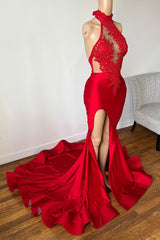 New Arrival Red High Neck Prom Dress Mermaid Slit Long With Appliques